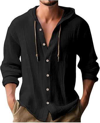oiangi Cotton Linen Hoodie for Men Summer Casual Long Sleeve Button Down Hawaiian Beach Shirts Drawstring Hooded Sweatshirts