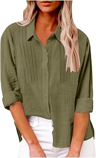 Camisa de lino con botones para mujer, elegante, casual, cuello y manga larga, holgada, para verano, color liso, para el trabajo