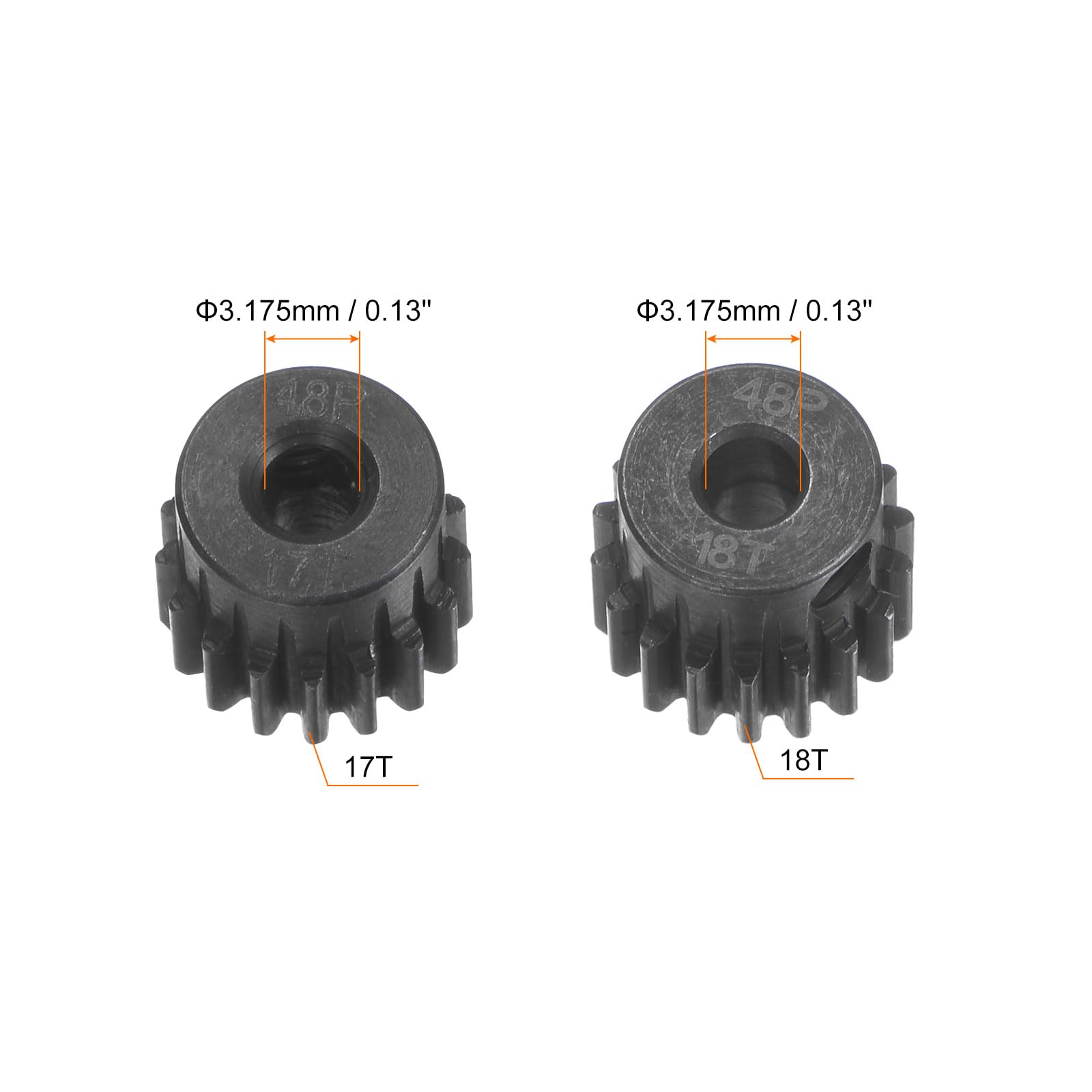 HARFINGTON 48P Hardened Pinion Motor Gear Set 2pcs 17T 18T Fit 1/8 inch RC Motor Shaft 48 Pitch Gears for RC Car, with Hex Key