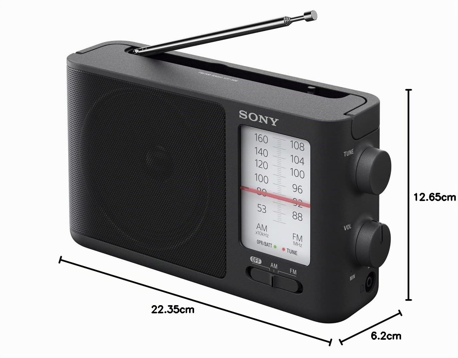 Sony ICF506.CED - Radio portátil (FM/AM de sintonización analógica con auriculares, asa de transporte, adaptador CA) negro