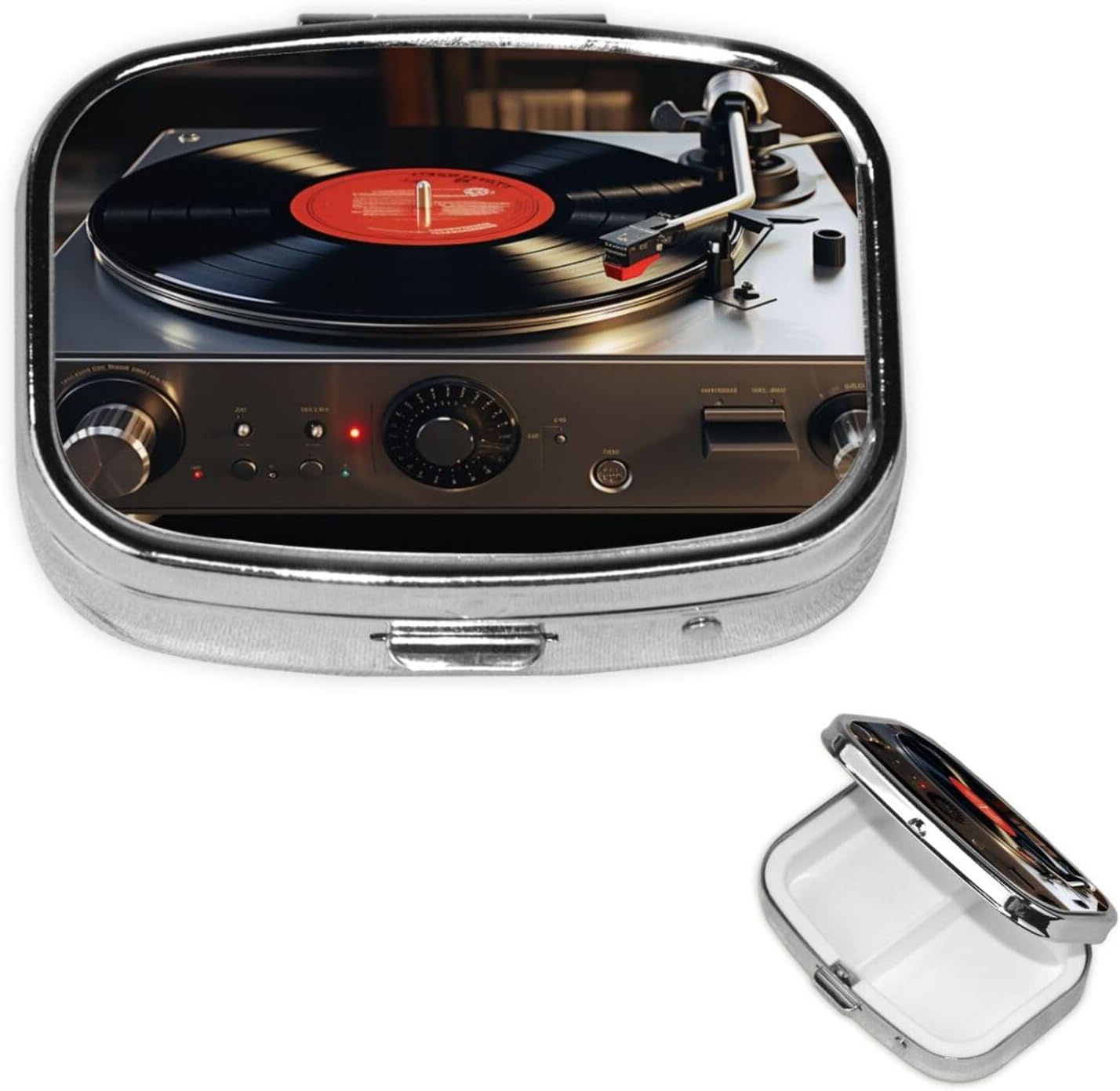 Pill Case with Mirror Retro 2 Compartment Pill Box Turntable Player Small Pill Organizer for Purse or Pocket Decorative Metal Medicine Vitamin Organizer Unique Gifts