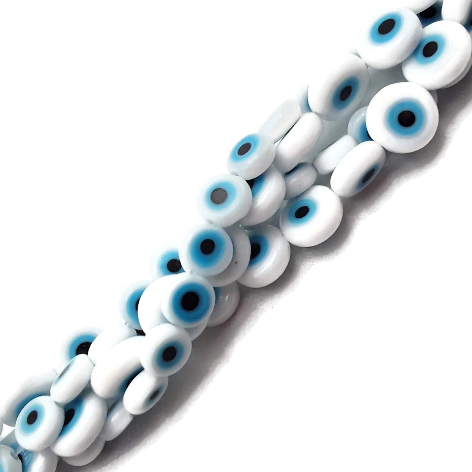 JM Design Weiße Glasperlen Mit Böser-Augen-Motiv – 6mm, 39,4 Cm Strang, Für Schmuck & DIY