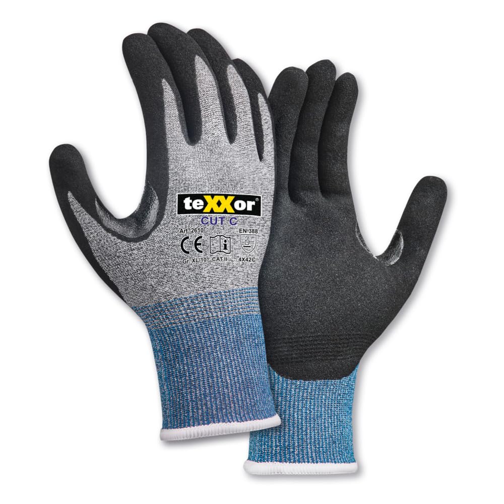 texxor 288 Stück Schnittschutz-Strickhandschuhe 2610, CUT C, grau-schwarz, 8/M, Karton, Schnittschutzhandschuhe, Arbeitshandschuhe, Küchenhandschuhe