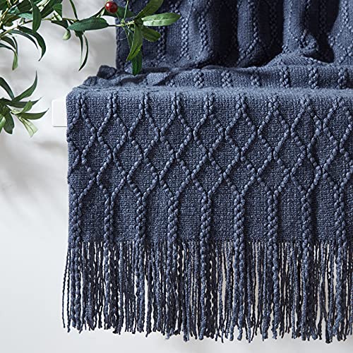 Image of KASYLAN 100% Acrylic Knitted Throw Blanket Textured Solid Soft Decorative Throw for Sofa, Couch, Bed,127x152cm,Navy
