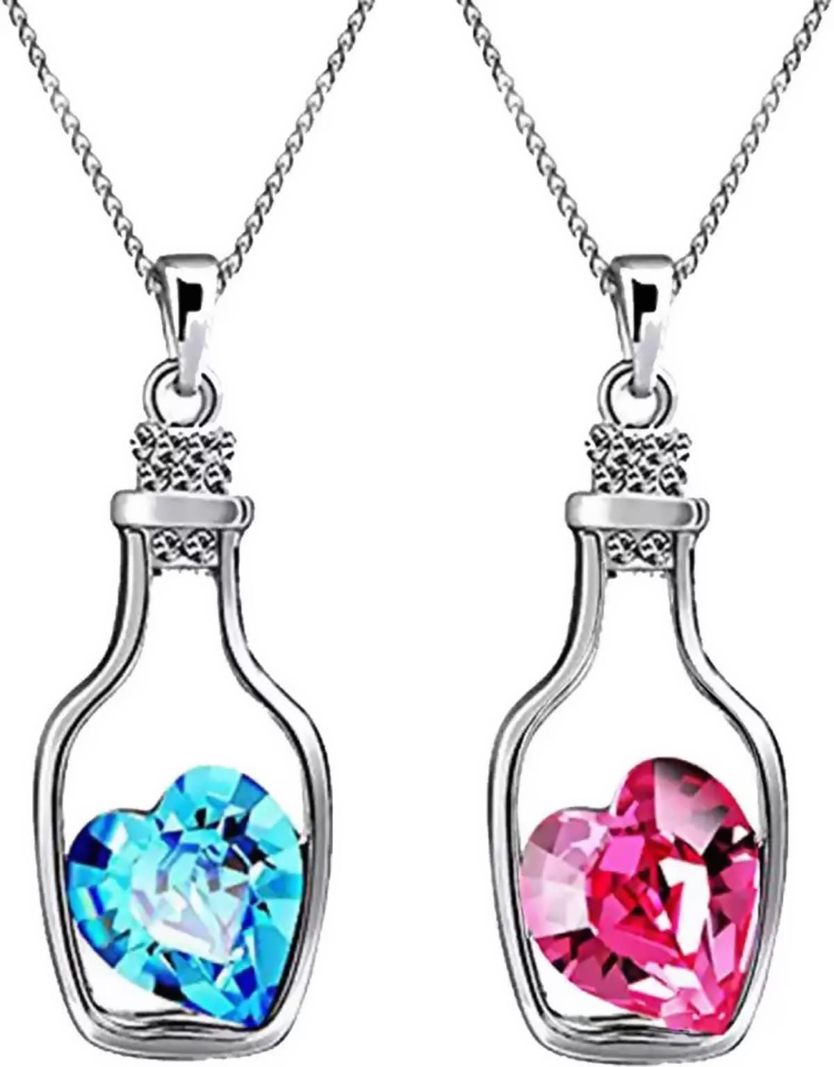 Aadishree Heart Design COMBO (Pink & Blue) Crystal Round Stylish & Trendy Bottle Pendant Necklace With Chain for Girls/Women Valentine gift Platinum Crystal Alloy Pendant (B0B8XNGN9H) Amazon Price History, Amazon Price Tracker
