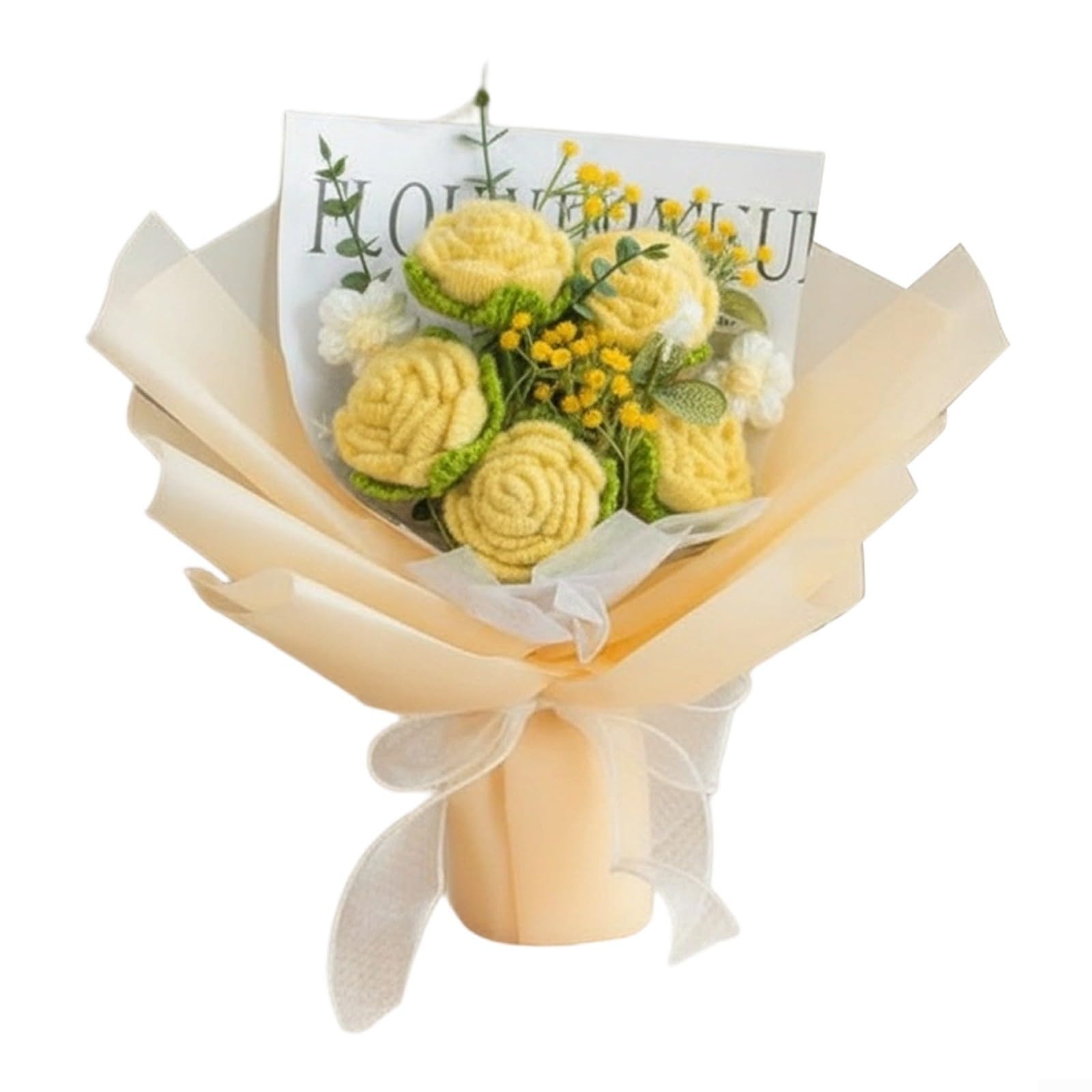 ASMJHQCLW Hand Woven Artificial Flowers, Hand Crochet 5 Roses Multicolor Artificial Bouquet Wedding Birthday Anniversary Valentine(Yellow)