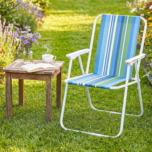 Image of ORILEY Folding Beach Chair with Arm Rest Portable Lightweight Rainbow Stripped Foldable Fishing Chairs for Travelling Picnic & Outdoor Camping Hiking (Medium, Blue and Green Stripe)