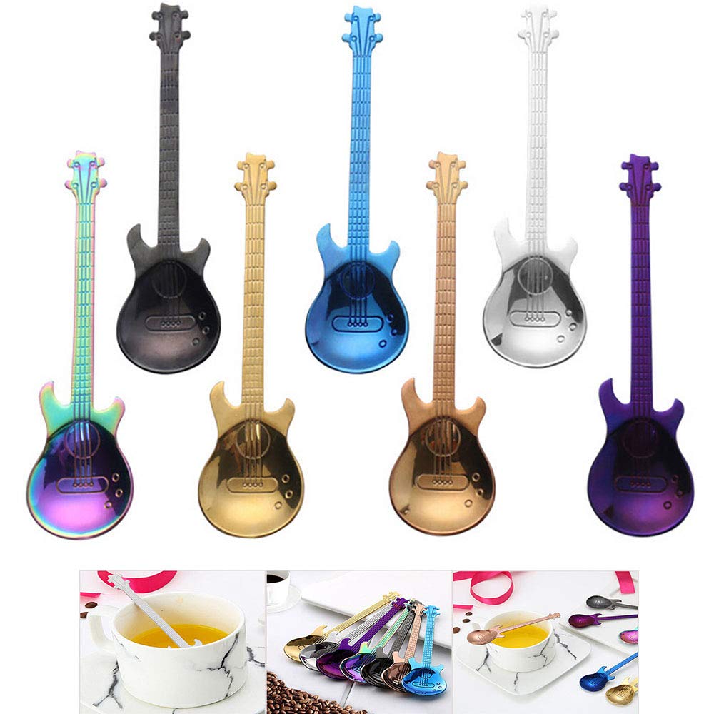 Set 7 Cucchiaini Da Caffè A Forma Di Chitarra In Acciaio Inox 304 - Colorati, Regalo Per Musicisti, Per Dessert, Gelato E Caffè
