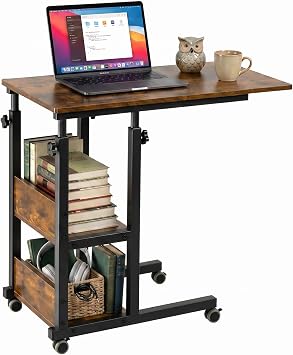 Hadulcet C Shaped Side Table Adjustable, Height Adjustable C Table with Wheels and Storage Shelves for Couch Bed Recliner Rustic Brown