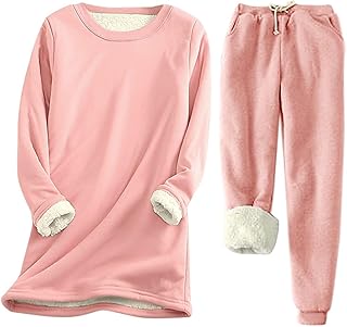 Conjunto de pantalones de manga larga para mujer, color liso, informal, para invierno, cálido, de felpa