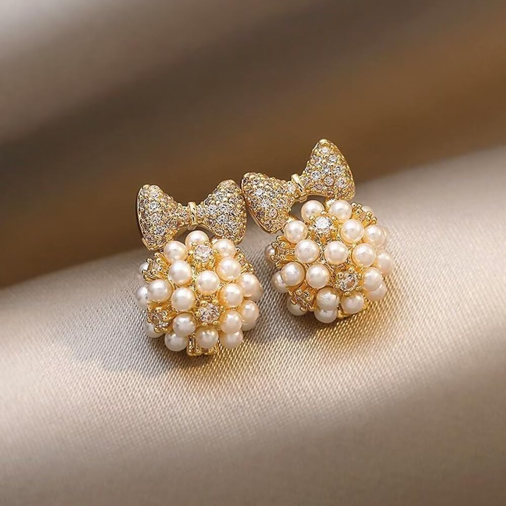Gold Rhinestone Bow Pearl Stud Earrings for Women Chunky CZ Bowknot Pearls Stud Earrings Dainty Butterfly Knot Beaded Earrings Jewelry Accessories - Image 7