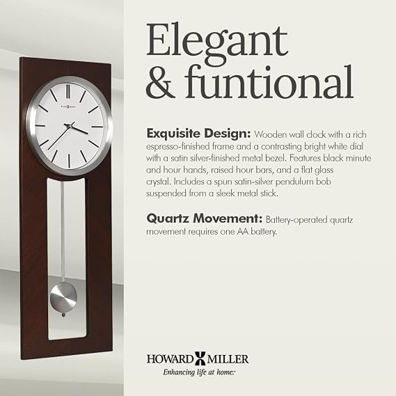 Howard Miller Madison Wall Clock 625696 – Espresso Finished Frame, Bright White Dial, Contemporary Home Decor, Satin-Silver Finished Pendulum, Quartz Movement