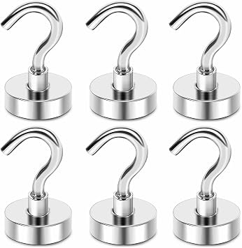 Magnetic Hooks, 25 lbs + Heavy Duty Earth Magnets with Hook for Refrigerator, Extra Strong Cruise Hook for Hanging, Magnetic Hanger for Curtain, GrillSilver, Pack of 6