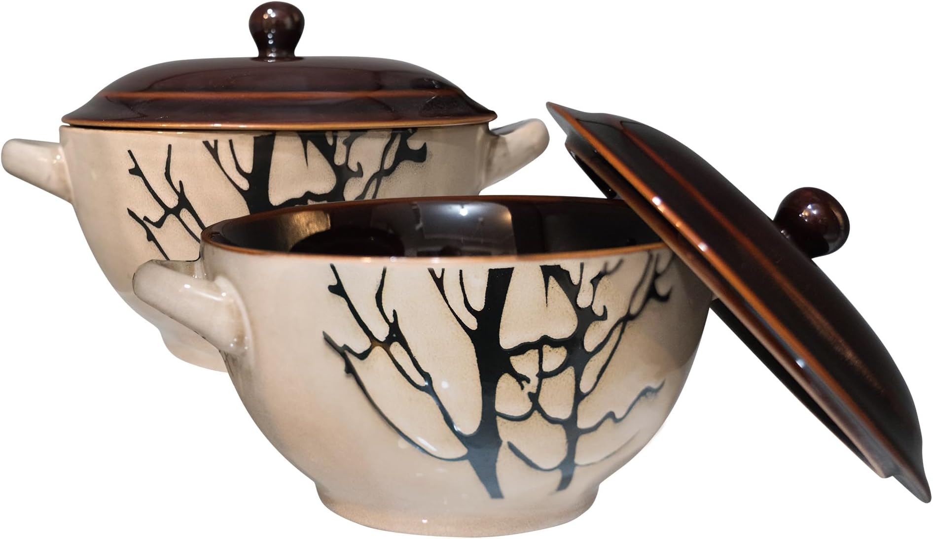 ECODECO Bake & Serve - Large Ceramic Soup Bowls With Handles - 30 Ounce - Set of 2 - Oven-Safe Pots with Lids
