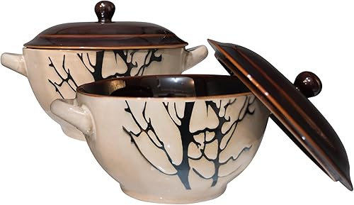 ECODECO Bake & Serve - Tazones de sopa grandes de cerámica con asas, 30 onzas, juego de 2, ollas aptas para horno con tapas