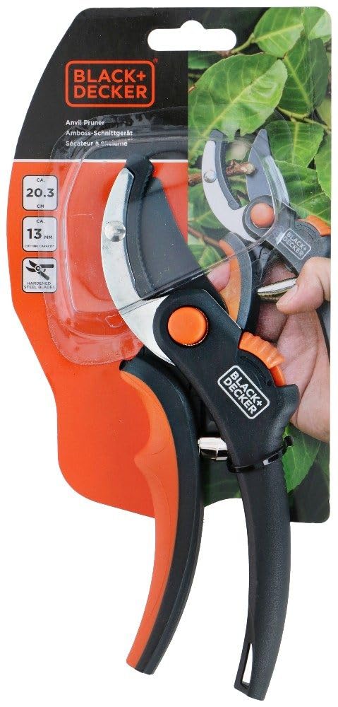 Black+Decker Nożyce ogrodowe – wydajność cięcia 14 Ø – ostrze ze stali hartowanej – uchwyt z miękkim uchwytem – 20 x 6 x 1,6 cm – nożyce do kwiatów – nożyce ogrodowe – nożyce do żywopłotu