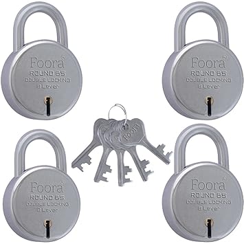 Foora Lock and Key for Home Door gate Shop Shutter Double Locking Security (4 Lock with Same Key 65mm Round) Home Improvement