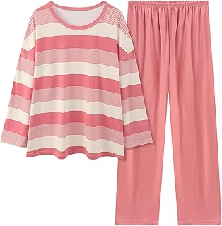 Traje de mujer elegante y cómodo degradado de rayas para mujer, imitación de color puro, algodón, pijama, informal, suelto, manga larga, pantalones de mujer, camisones de manga larga