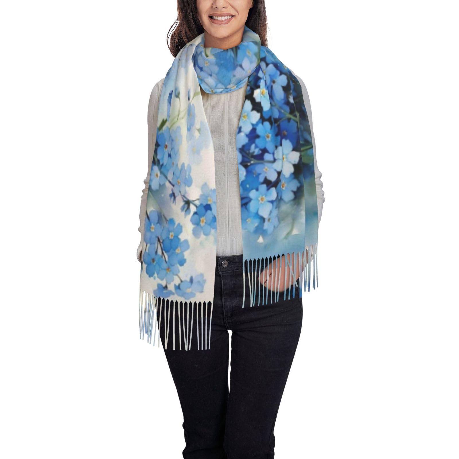 Poadnly Unisex As Picture Watercolor Forget Me Not Flowers, Large Soft Cashmere Feel Shawls Wraps Women Fringed Scarf Light Stole 197X72 Cm