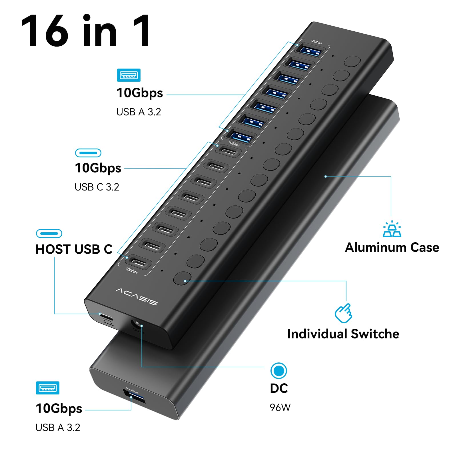 ACASIS Hub USB C 3.2 Alimentato 16 Porte 10Gbps 8 USB-A + 8 USB-C,96W | Alimentatore, Interruttori Individuali, Alluminio, per PC/Mac/Linux/Android, Disco Esterno e Chiavetta