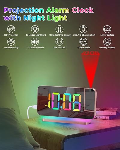 Miniatura 2 de SZELAM Reloj despertador de proyección, espejo LED de 7.4 pulgadas, relojes digitales de proyección en la pared del techo, con luz nocturna RGB,