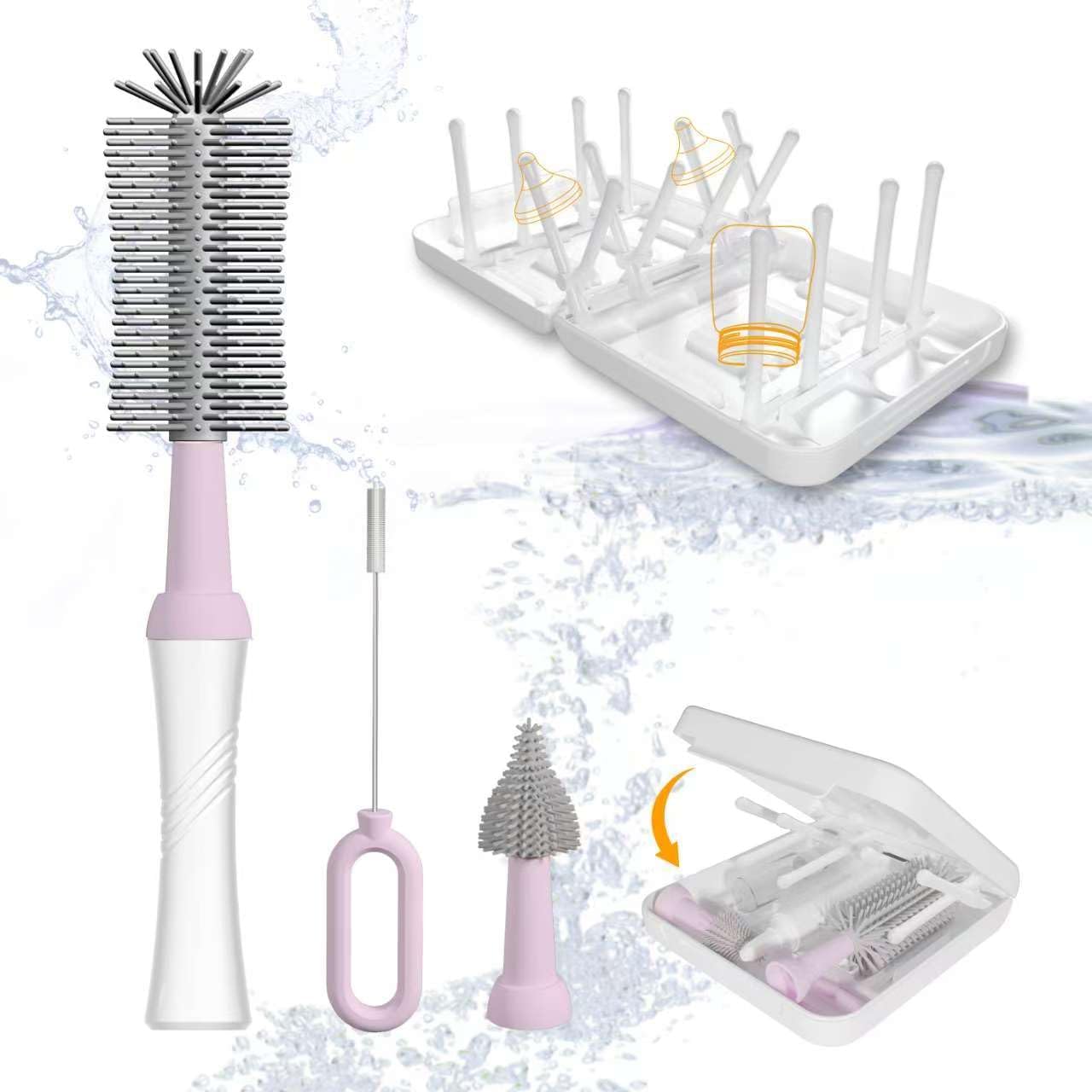 Portable Baby Bottle Brush Set with Multiple Brushes,Soap Dispenser, Foldable Bottle Drying Rack for 16 Bottles, Bottle Cleaner Brush Set for Bottles and Baby Accessories, Baby Travel Essential