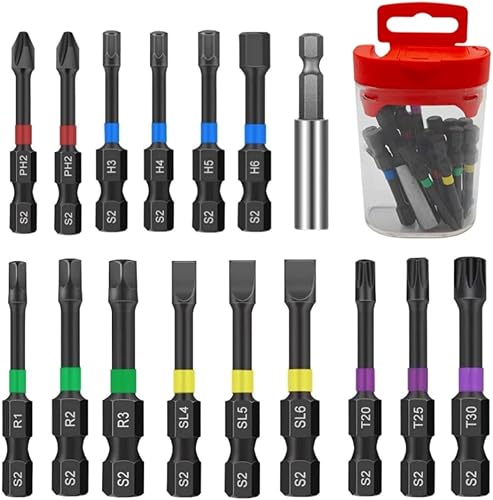 JUNZHIDA Impact Drill Ready - Juego de puntas de destornillador magnéticas, 16 unidades, antideslizantes, Torx, cabeza hexagonal ranurada, puntas de