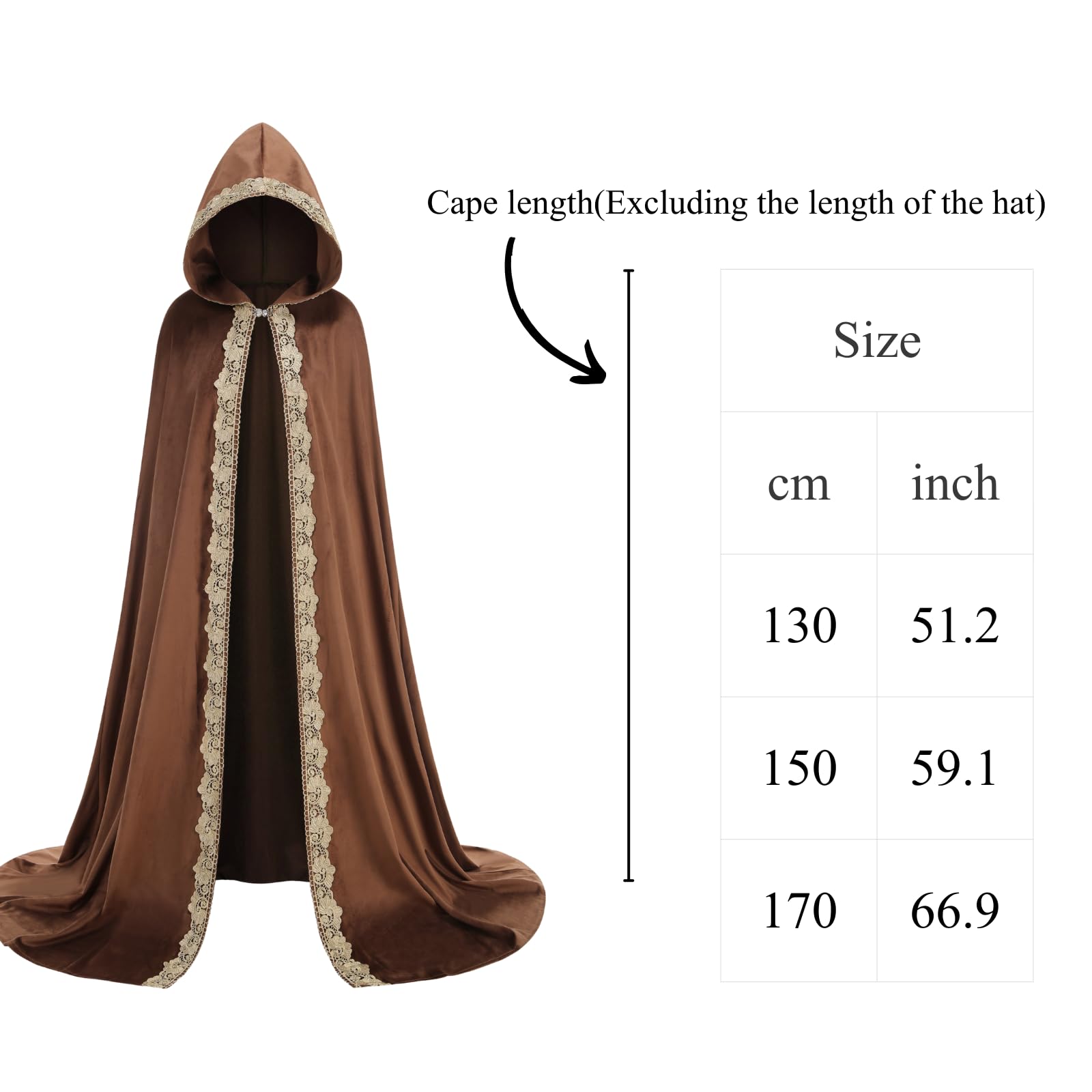 RRCBMD Adult Medieval Renaissance Hooded Cloak Women Men Brown Vintage Long Cape with Hood Halloween Witch Cosplay Costume 66.92Inch - Image 3