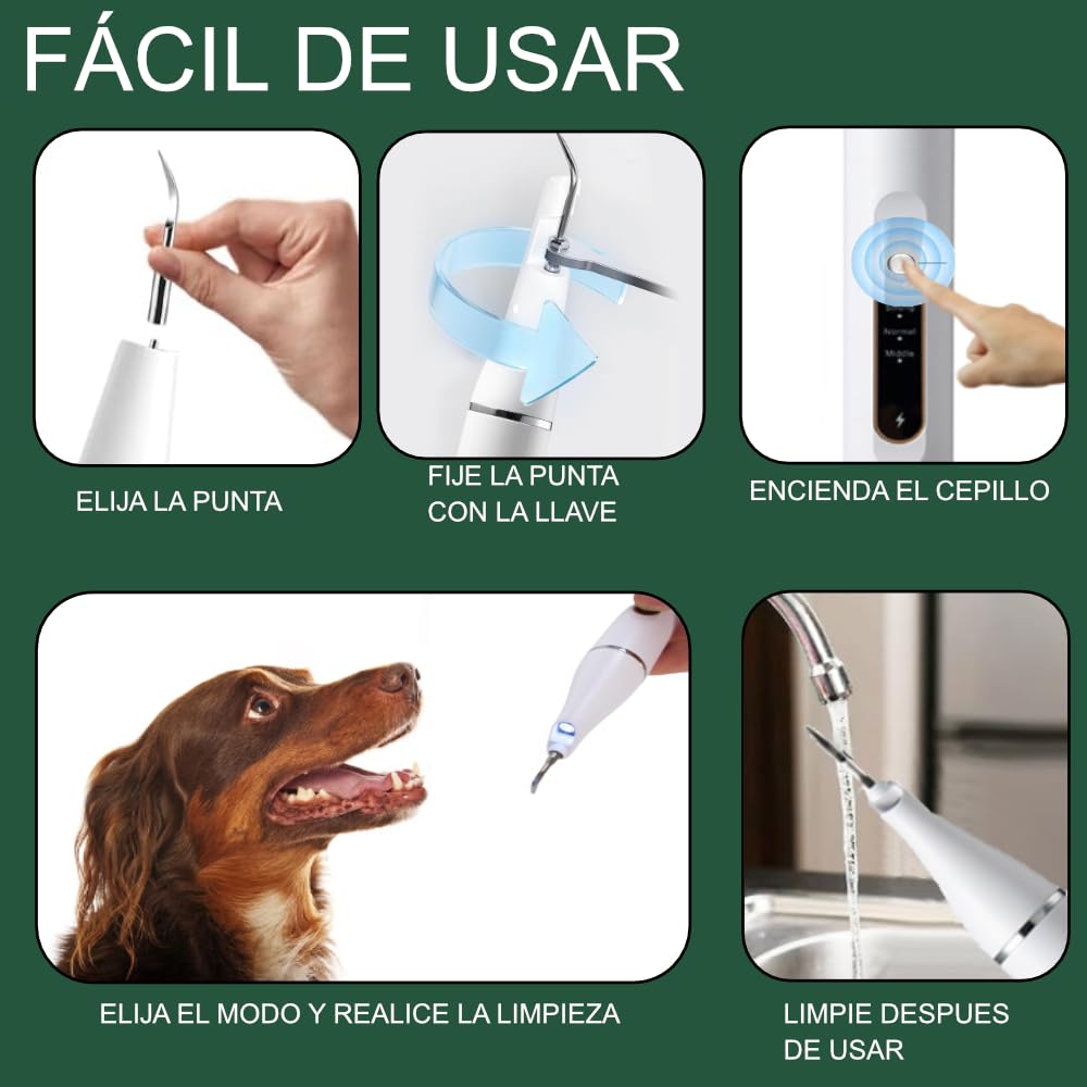 Kit Limpieza Bucal Perros y Gatos con 5 Modos de Uso - Cepillo Dental Ultrasónico Plaque Off + Limpiador Quita Sarro + Accesorios - Cuidado Dental Mascotas - Color Blanco | 3-Stars