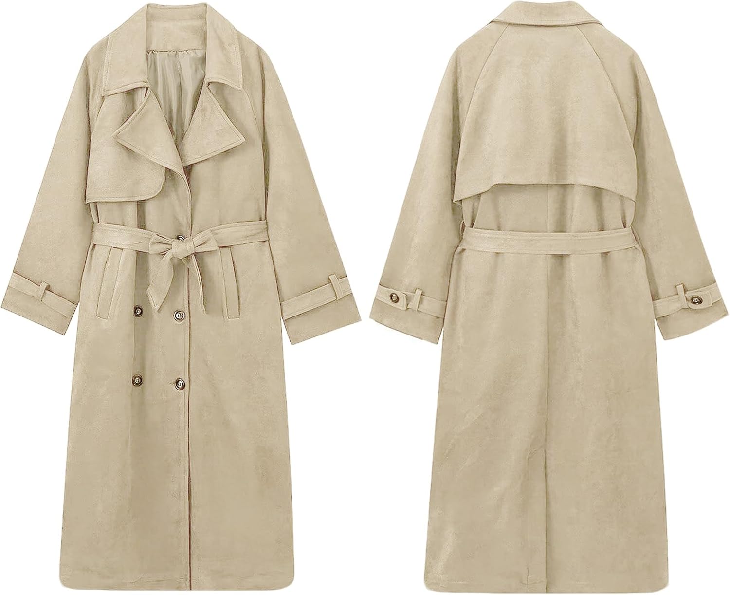 utcoco Womens Faux Suede Long Trench Coat Notched Lapel Double Breasted Pea Coat Overcoat with Belt