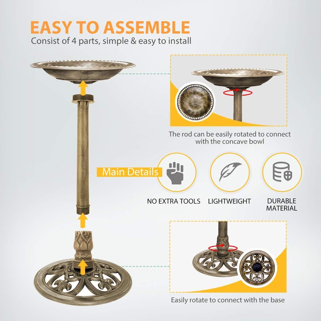 VIVOHOME Polyresin Antique Outdoor Copper Garden Bird Bath and Solar Powered Round Pond Fountain Combo Set & 28 Inch Bird Bath Copper