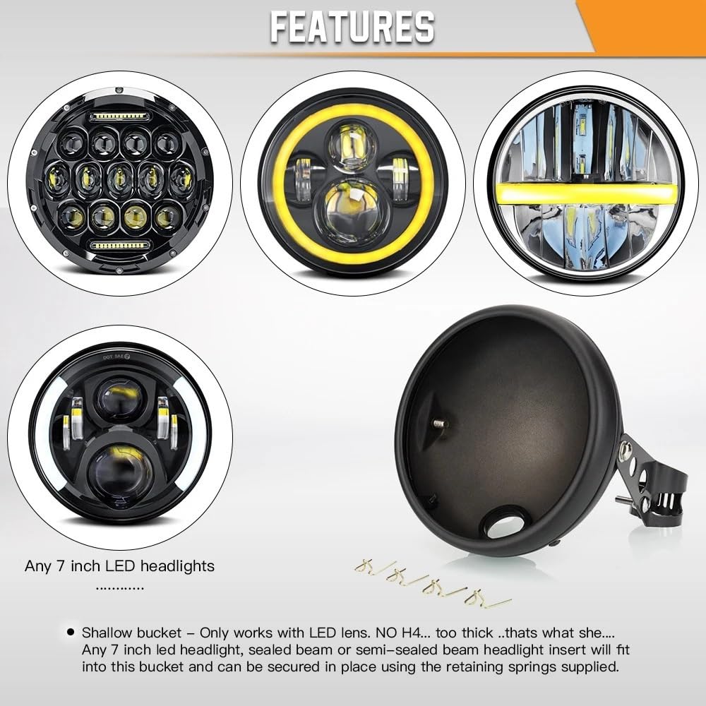 Dirt Bike Reflektor Reflektory motocyklowe Bucket Shell 7” 7-calowa osłona reflektora motocyklowego do obudowy reflektora LED z regulowanym uchwytem montażowym(Black)