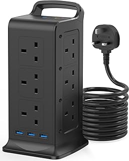 Tower Extension Lead with USB Slots, 5M Multi Plug Extension with 12 Way Outlets and 3 USB, 5 Metre Long Extension Cable, 3250W/13A Black Power Strip Extension Cords for Home Office Desktop (Black)