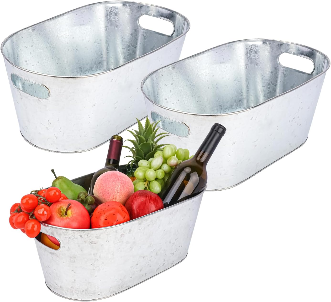 3 Pack 4 Gallon Beer Beverage Bucket, Metal Ice Bucket with Carry Handle, Large Galvanized Tub, Drink Holder for Party, Festive Party, Wedding, Birthday, Camping