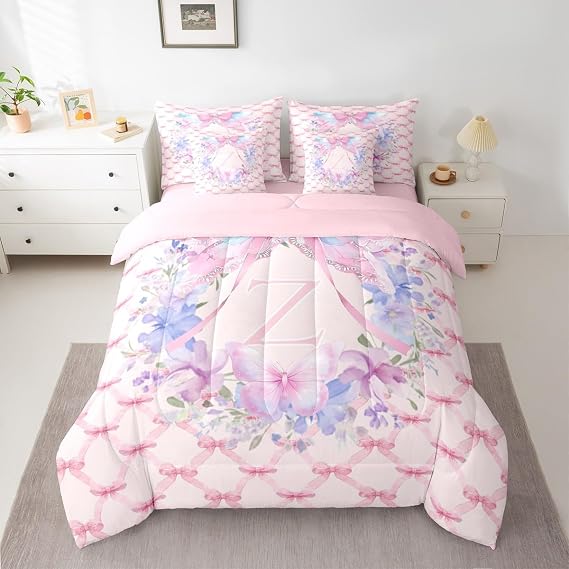 Feelyou Cute Pink Bow Comforter Set with Sheets 7 Piece Twin Size Personalized Initial Z Bedding Set for Kids Boys Girls Flowers Butterfly Bed in a Bag Room Decor Soft Lightweight Microfiber