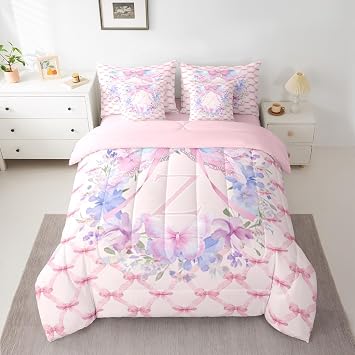 Feelyou Cute Pink Bow Comforter Set with Sheets 7 Piece Twin Size Personalized Initial Z Bedding Set for Kids Boys Girls Flowers Butterfly Bed in a Bag Room Decor Soft Lightweight Microfiber