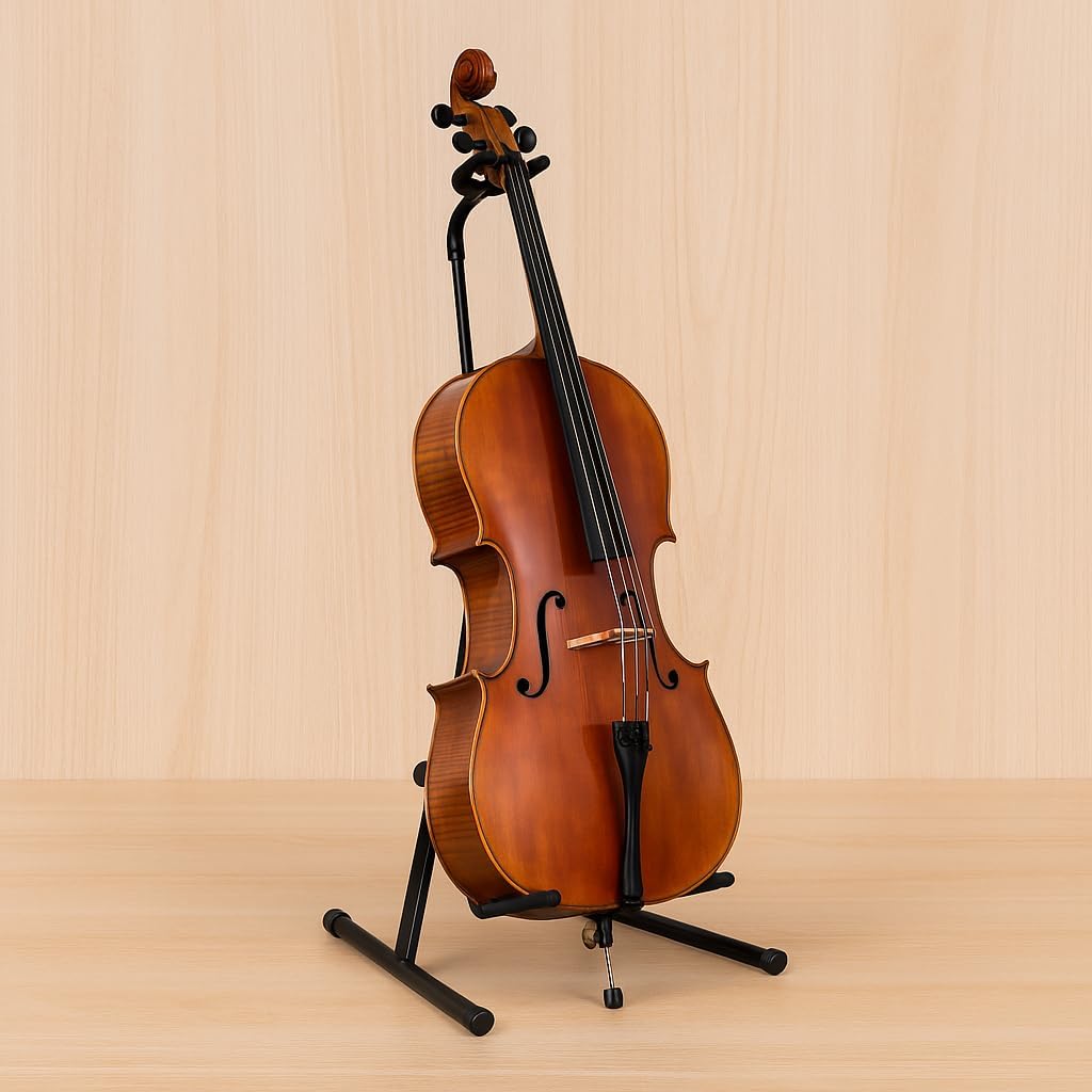 Cello Stand with Bow Holder Hook & Safety Bar - Adjustable, Foldable & Portable Floor Tripod Stand in Matte Black Steel; Endpin Anchor Stopper Included