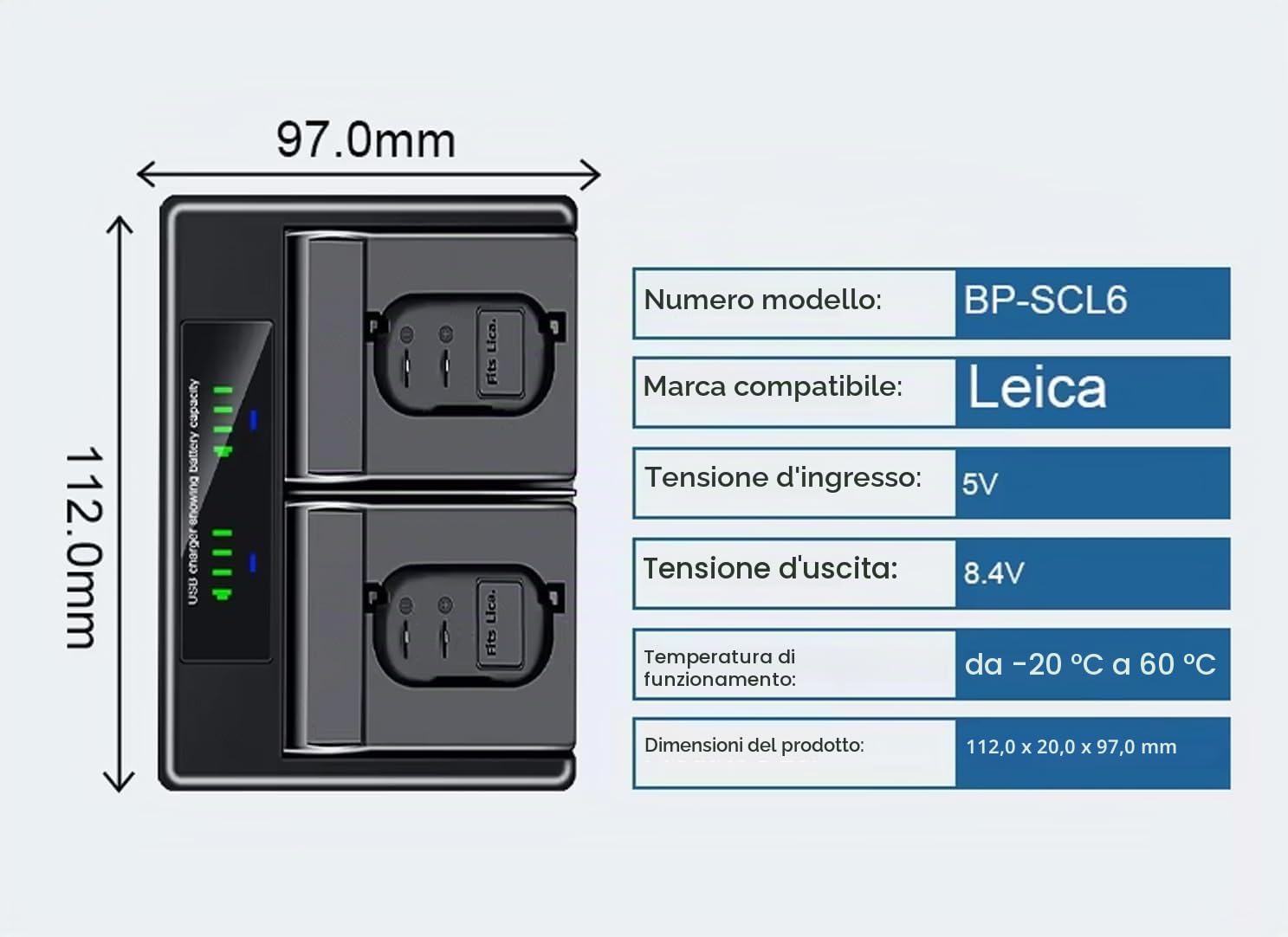 Caricabatterie da viaggio USB doppio compatibile con batterie Leica BP-SCL6, fotocamera Leica Q3 SL3 Q3 43 e caricabatterie BP-SCL6