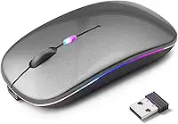 Mouse Sem Fio Recarregável com LED RGB Design Ergonômico e Conexão Bluetooth para Notebook PC e Home Office (Cinza)