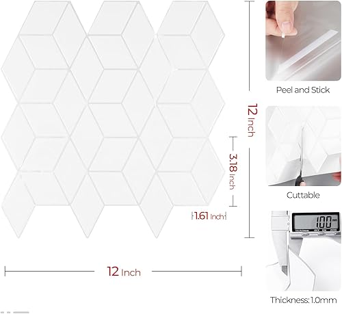 Miniatura 9 de Livelynine 16 azulejos geométricos para despegar y pegar en muro para cocina, color blanco, azulejos de pared de baño, impermeables, para paredes de