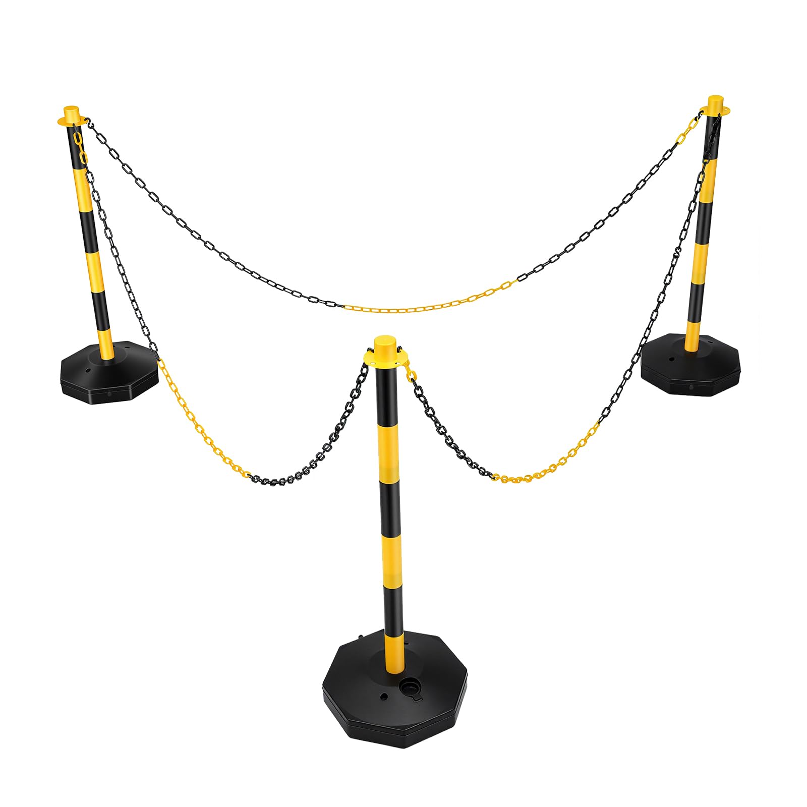 6 postes amarillos y negros, bolardos de plástico amarillo con base y cadenas de 2 m, de plástico, para hoteles, aparcamientos, céspedes