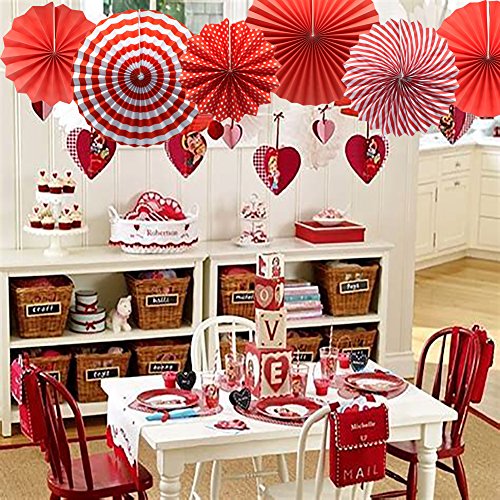 Party Hanging Paper Fans Set, Red Round Pattern Paper Garlands Decoration For Birthday Wedding Graduation Events Accessories, Set Of 6 #TOP2