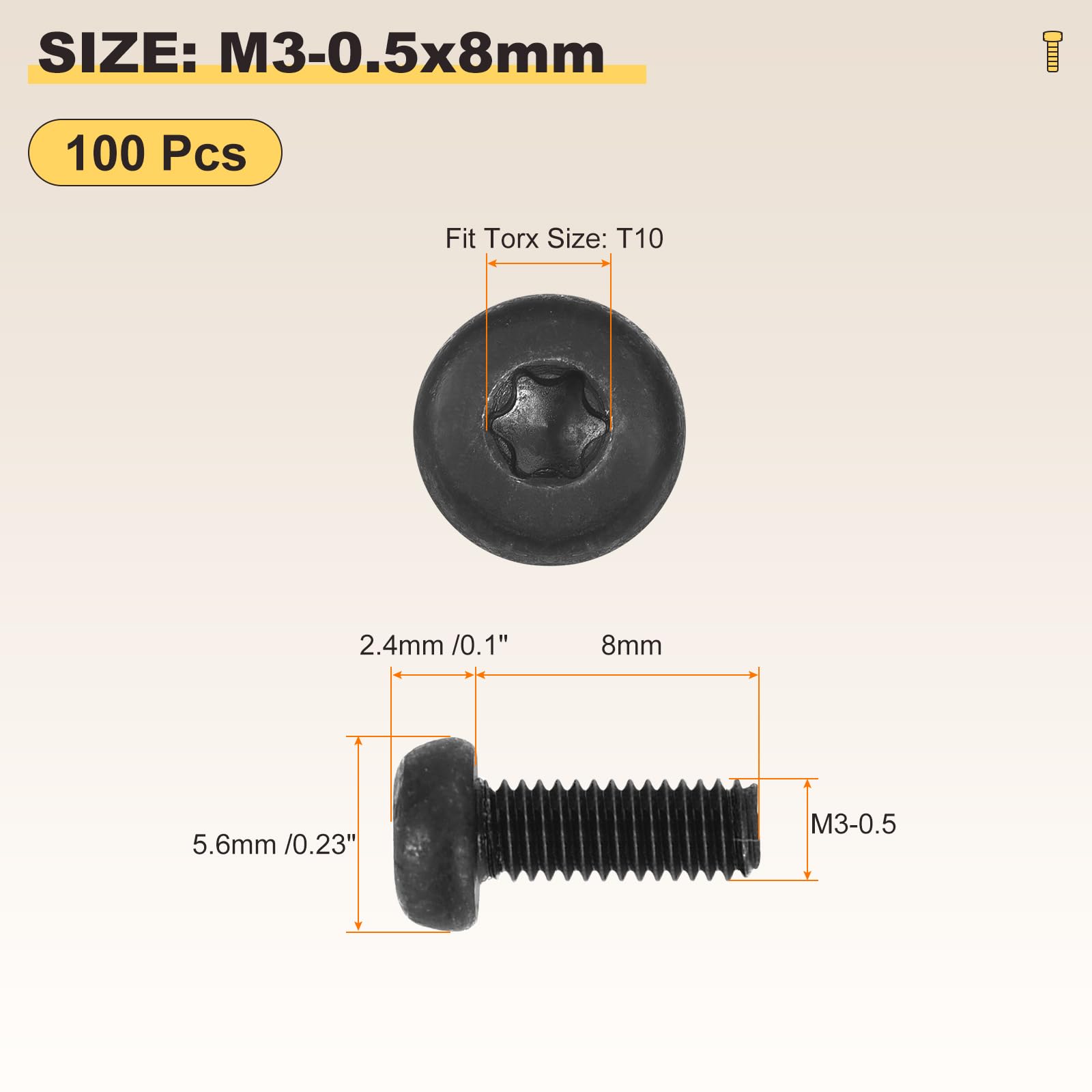 METALLIXITY Pan Head Torx Security Screws Bolts (M3-0.5x8mm) 100Pcs, Button Torx Head Machine Screws Carbon steel - Image 2