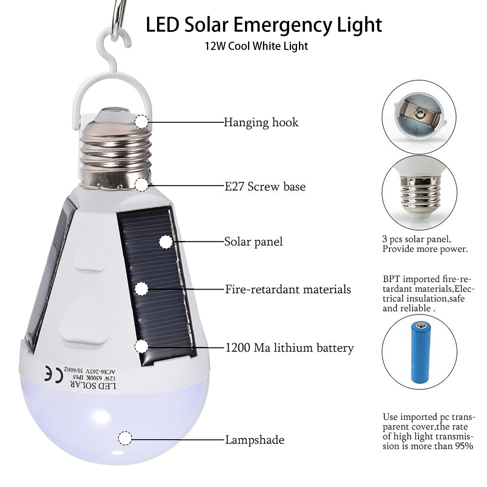 OUKENS Bombilla LED solar, E27 Panel solar portátil Bombilla LED IP65 Impermeable Interior/exterior Senderismo Camping Lámpara de emergencia recargable(12W)