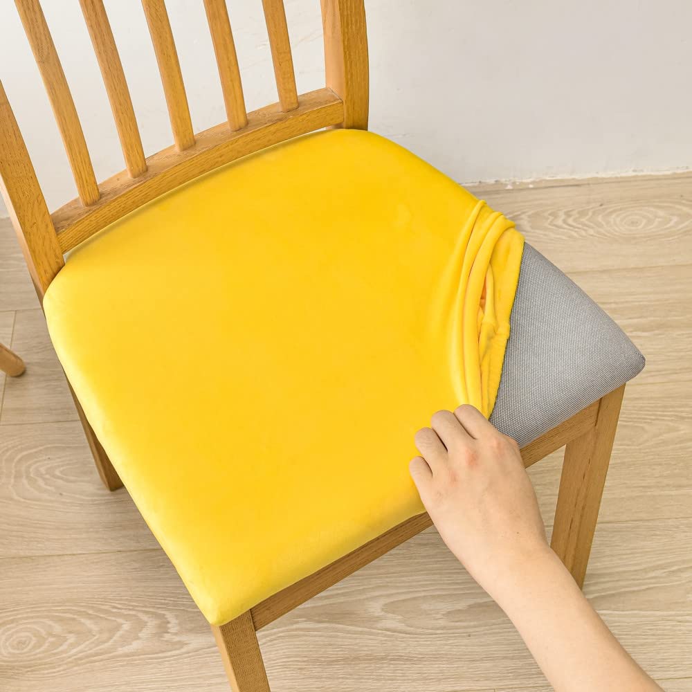 Highdi Dining Chair Seat Covers set of 1/2/4/6, Stretch Spandex Velvet Seat Cushion Slipcovers, Removable Washable Seat Protector Cover for Dining Room Living Room Office Hotel (yellow,4 pcs)