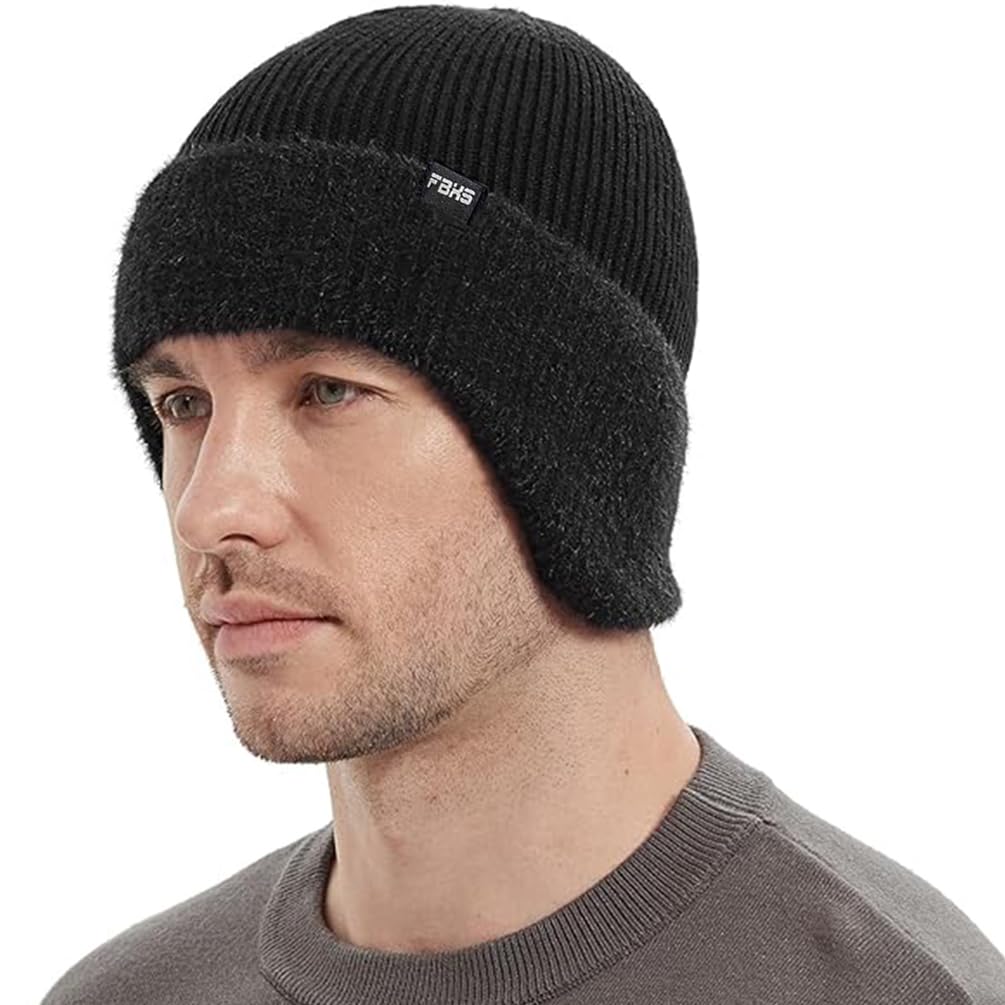 ALIBRAHIM Winter Beanie with Earflaps for Men, Unisex Stretchy Soft Knit Hat, with Ear Flaps Thick Warm Fleece Lined Woolly Beanies Hats for Mens Gifts