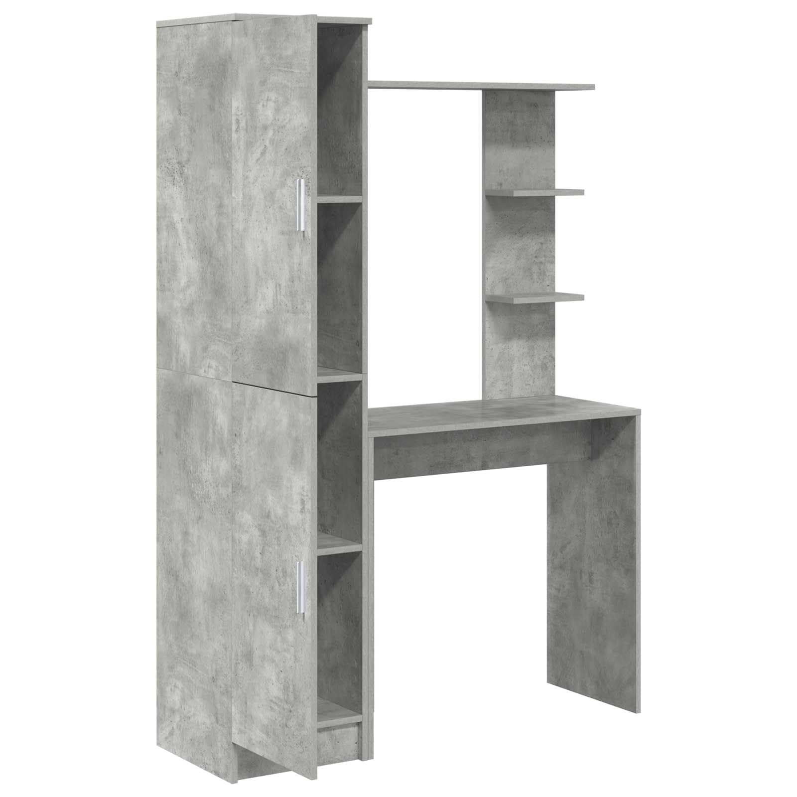 Scrivania in legno grigio cemento con ripiano e ante a cerniera, 113,5 x 39 x 168 cm, postazione di lavoro per ufficio, casa, computer, laptop, ripiano e spazio per riporre oggetti