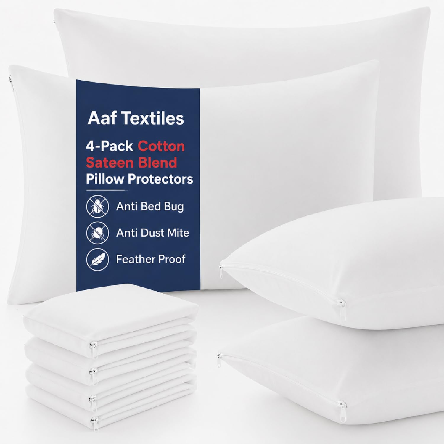 Aaf Textiles 4 Pack Pillow Protectors 300TC Cotton Sateen Hotel Quality Zippered Pillow Protectors Anti Bacterial Bed Bug Proof, Feather Proof, Anti Allergy Hypoallergenic & Breathable Pillow Covers