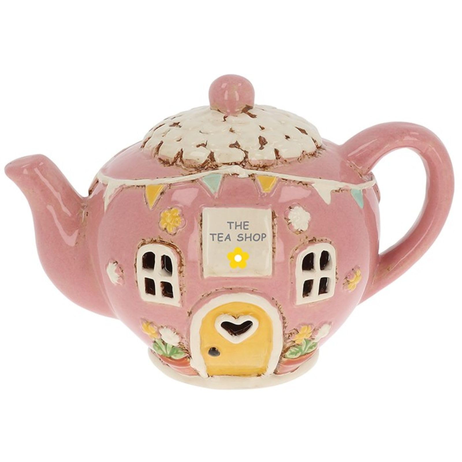 Village Pottery Round Pink The Tea Shop Teapot Tealight Holder Boxed