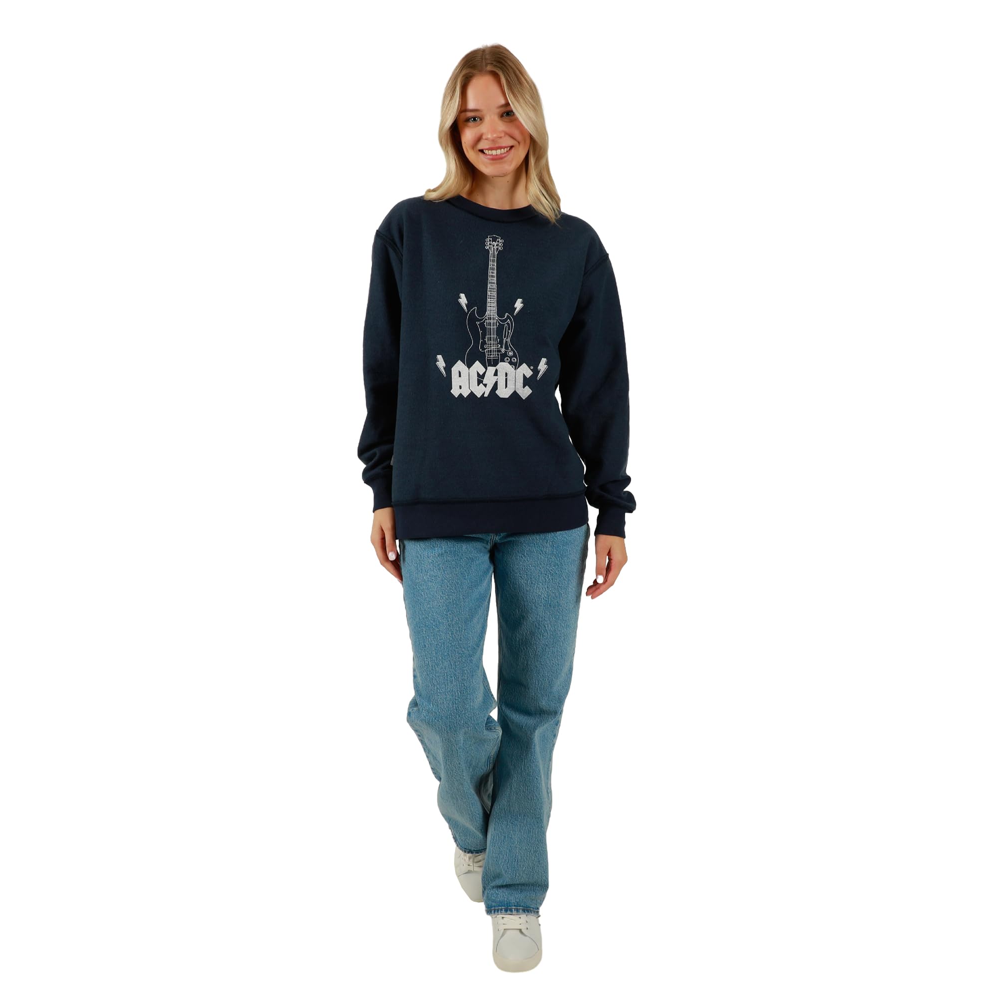 Bioworld ACDC Guitar & Band Logo Girocollo Manica Lunga Grigio Donna Oversize Reversibile Pullover Felpa